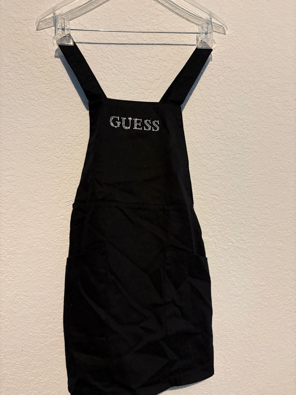 GUESS Black Rhinestone Logo Pinafore Dress